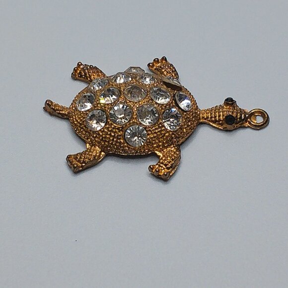 Golden Turtle Pendant, gold color, white rhinestone, shiny crystals details - Picture 4 of 8
